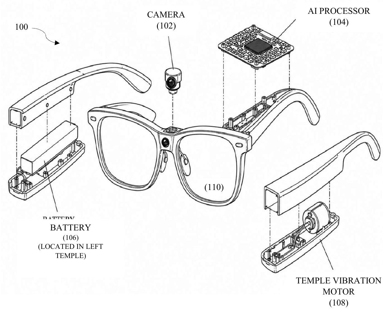 Exploded technical drawing of assistive communication glasses