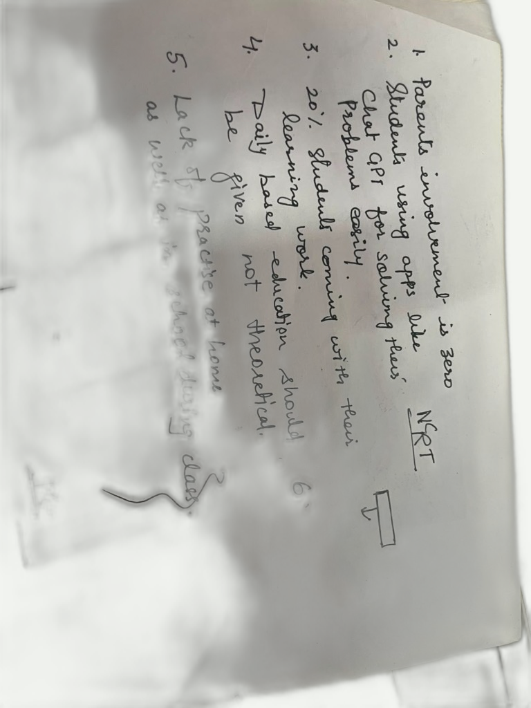 Handwritten note from a teacher listing five things they want changed